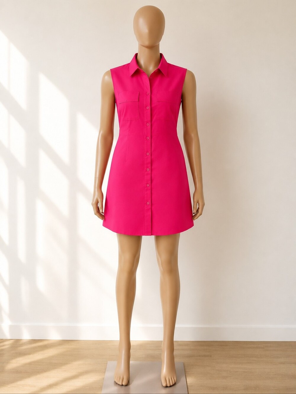 Sleeveless Button-Front Mini Dress in Fuchsia